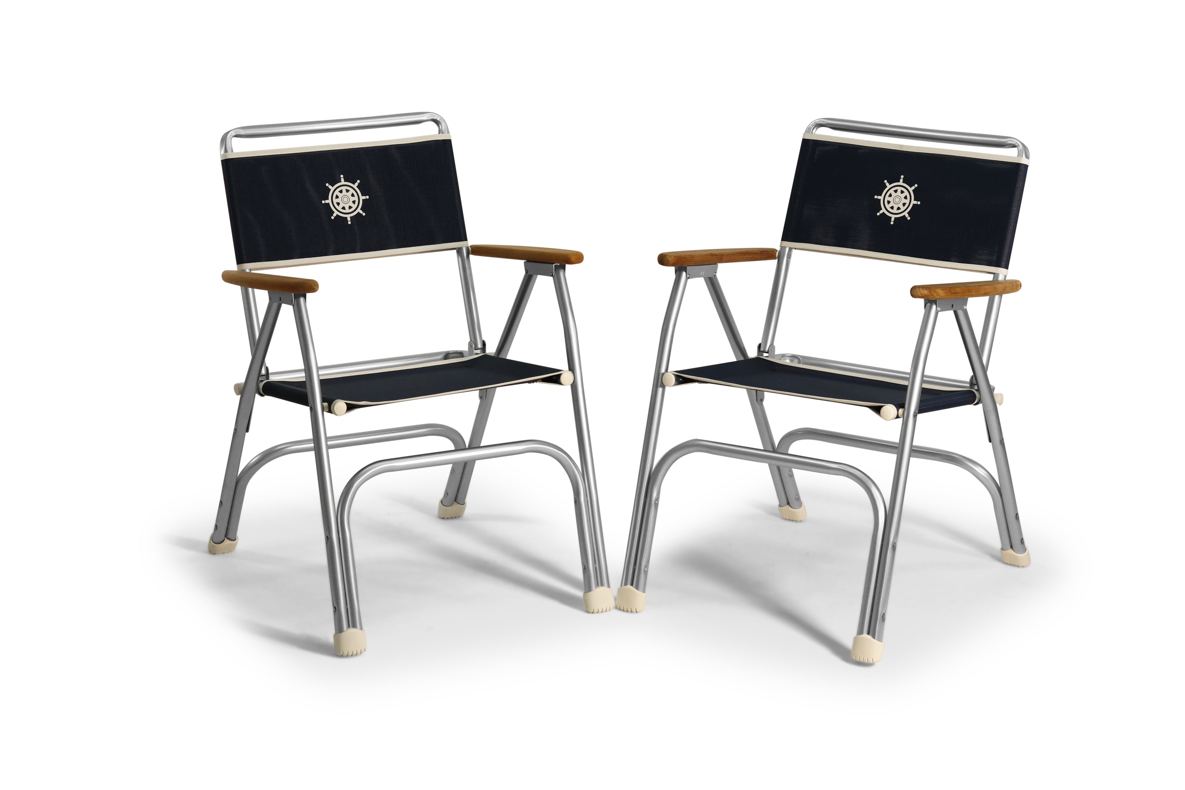 FORMA MARINE Boat Chair Set of 2 Folding Aluminum Navy Blue Textilene Fabric with Teak Armrests, M100NB #color_navy vinyl