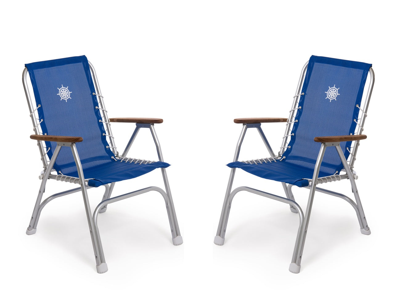 FORMA MARINE Boat Chair with Teak Armrests Folding Aluminum High Back Blue Textilene Fabric Set of 2 M150VB #color_blue vinyl