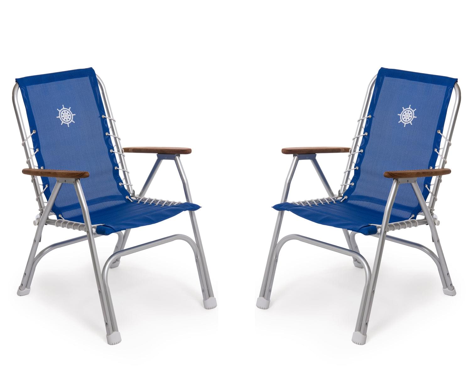 FORMA MARINE Boat Chair with Teak Armrests  Folding Aluminum High Back Blue Textilene Fabric Set of 2  M150VB #color_blue vinyl
