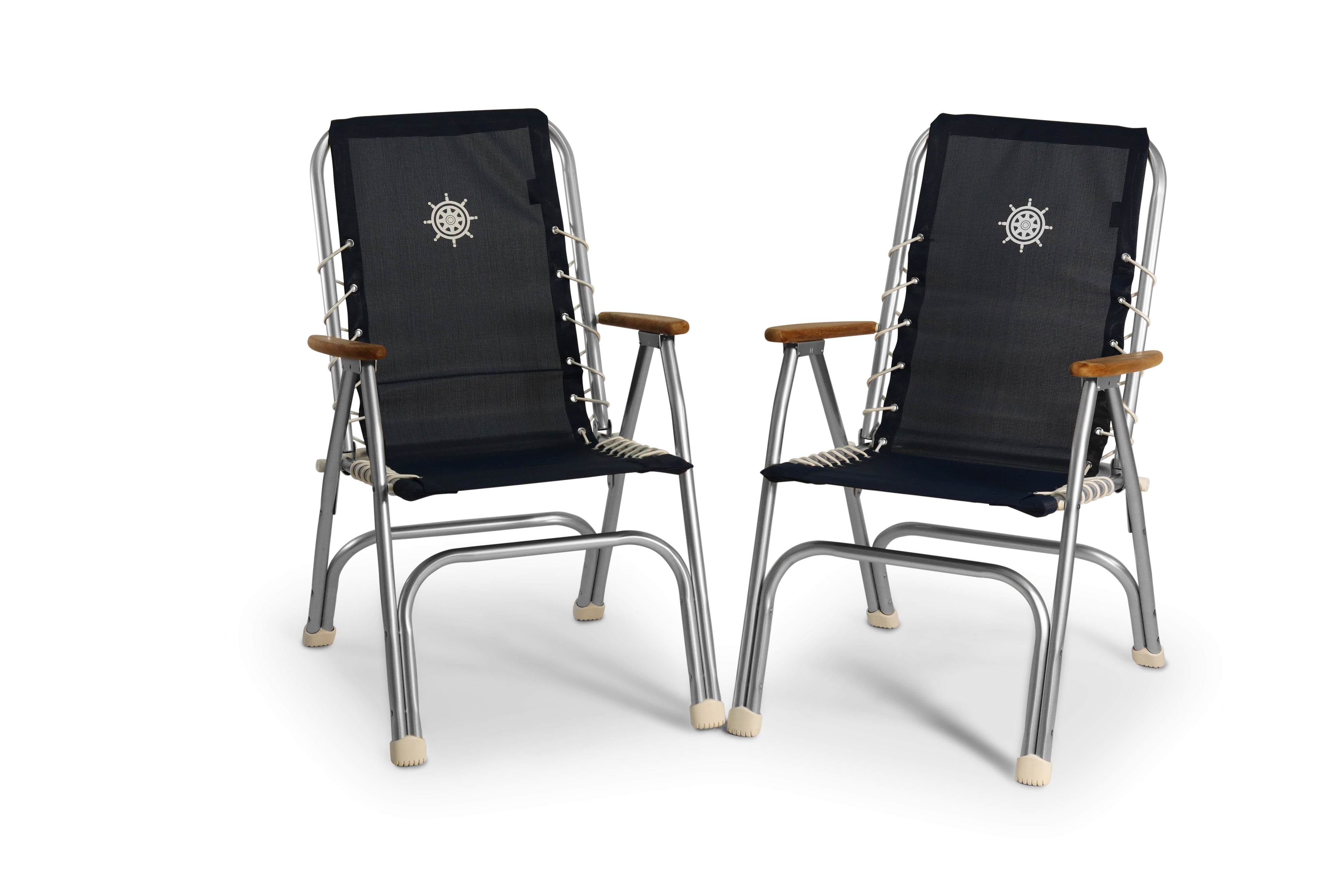 FORMA MARINE Boat Chair with Teak Armrests Folding Aluminum High Back Navy Blue Textilene Fabric Set of 2 M150VNB #color_navy vinyl