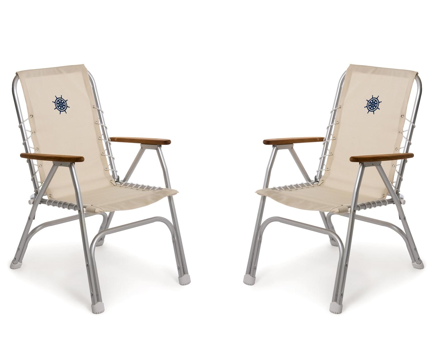 FORMA MARINE Boat Chair Folding Aluminum High Back with Bamboo Armrests, White Fabric Set of 2 ECO150W #color_white