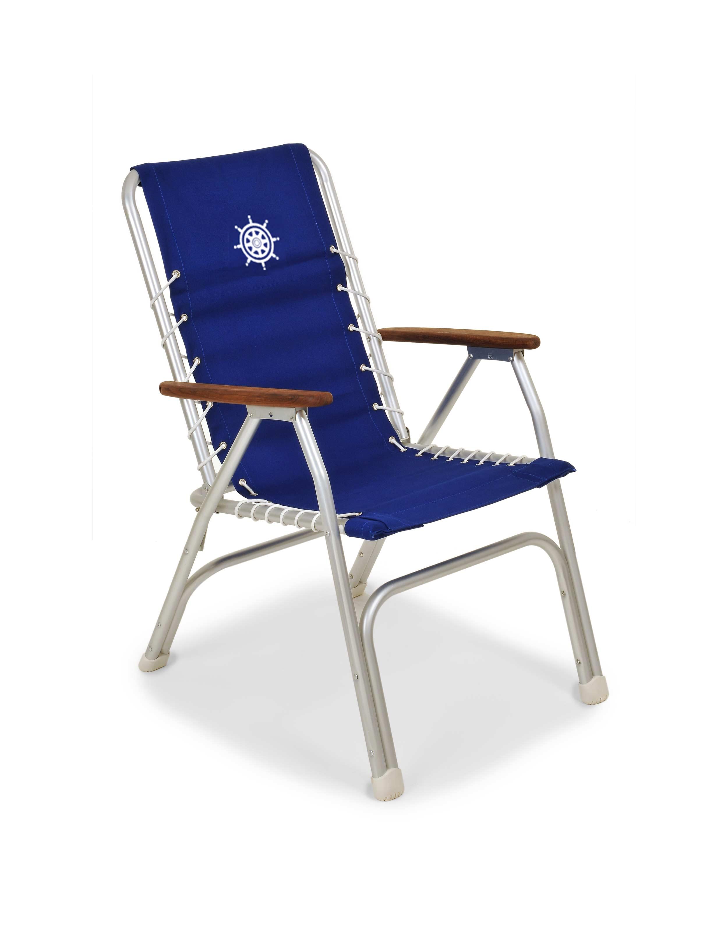 FORMA MARINE Boat Chair Folding Aluminum High Back  with Bamboo Armrests, Blue Fabric Set of 2 ECO150B #color_blue