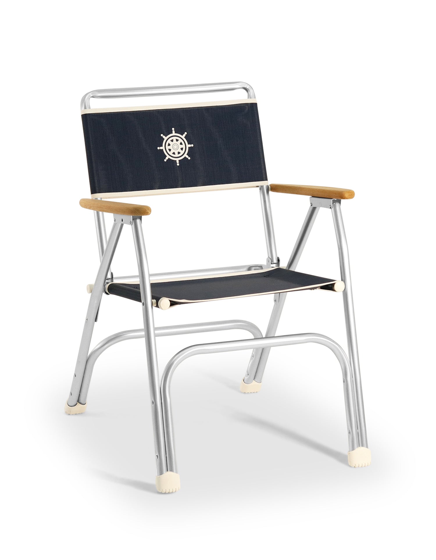 FORMA MARINE Boat Chair Set of 2 Folding Aluminum Navy Blue Textilene Fabric with Teak Armrests, M100NB #color_navy vinyl