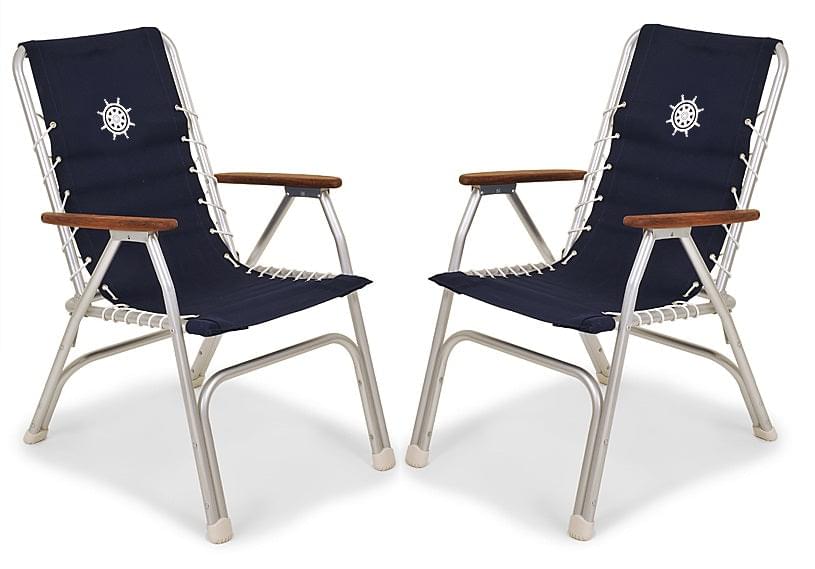FORMA MARINE Boat Chair with Bamboo Armrests, Folding Aluminum High Back Navy Blue Set of 2 M150NB #color_navy