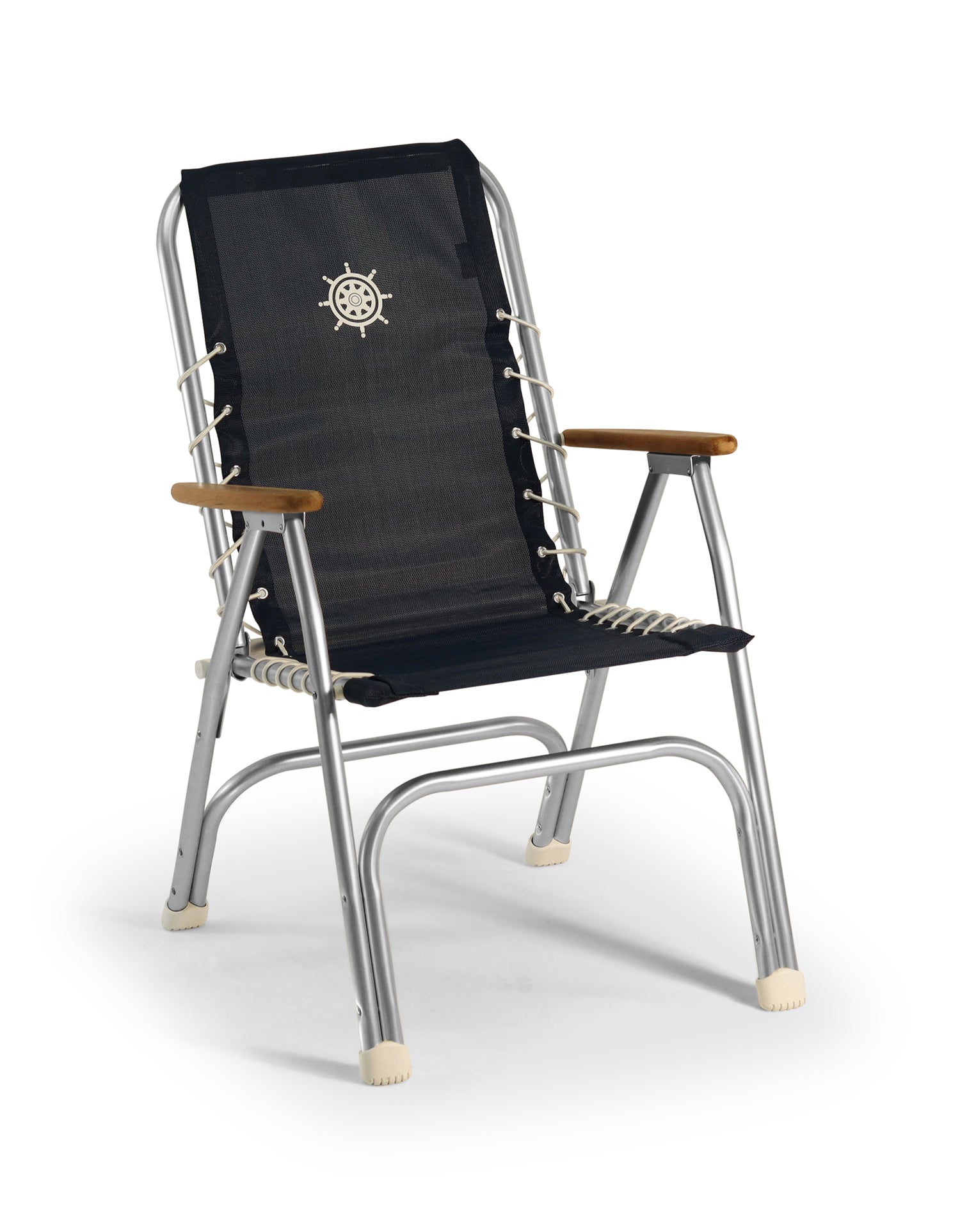 FORMA MARINE Boat Chair  Folding Aluminum Navy Blue Textilene with Bamboo Armrests High Back, M150VNB-BB #color_navy vinyl