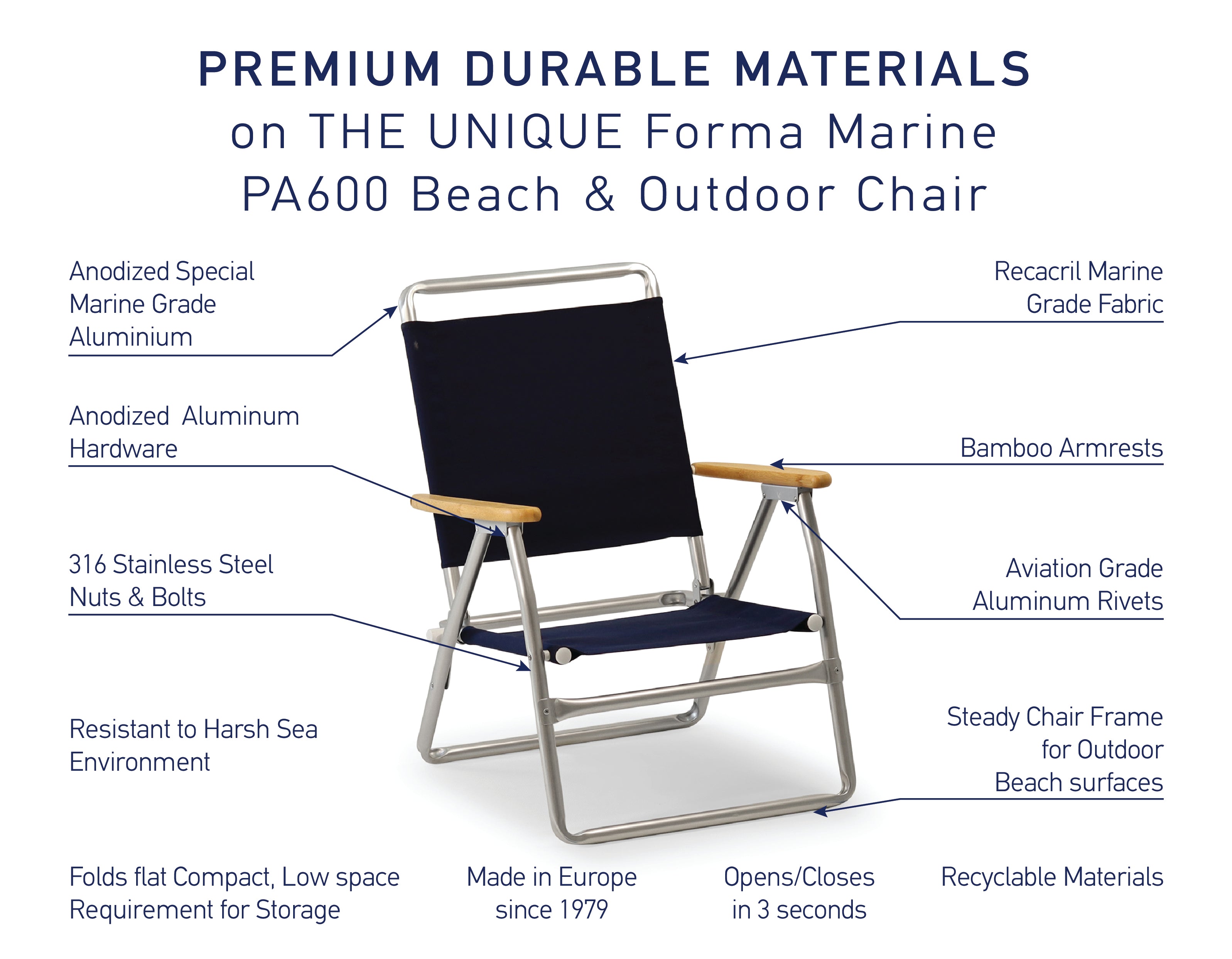FORMA MARINE Outdoor Chair with Bamboo Armrests Folding Aluminum Navy Blue  PA600NB-BB #color_navy