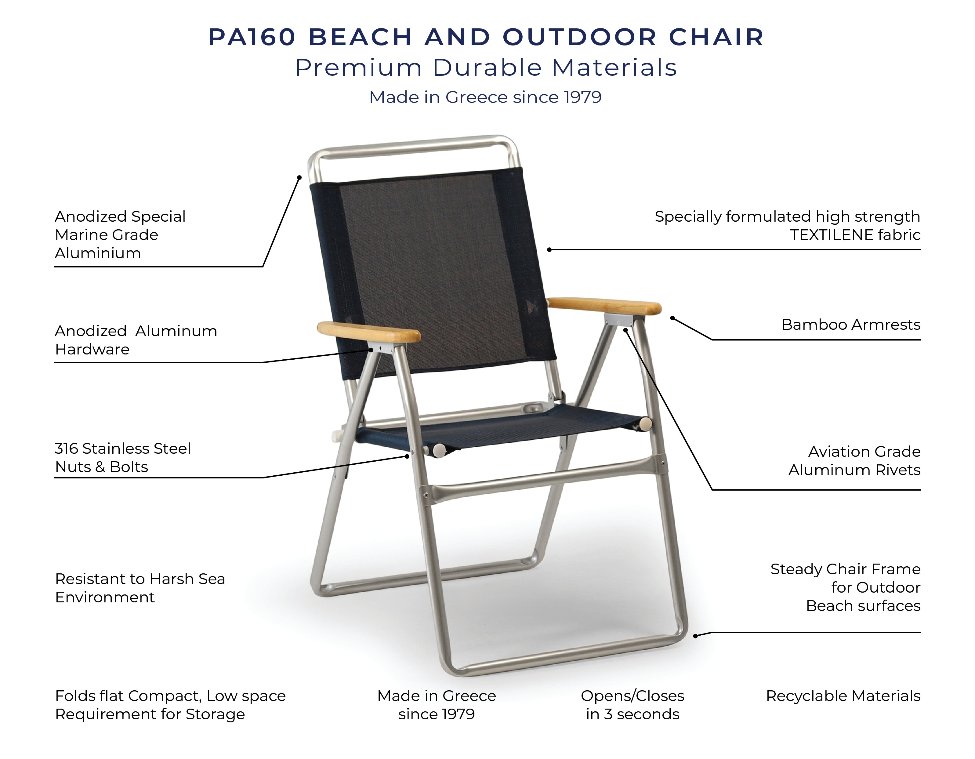 FORMA MARINE Outdoor Chair with Bamboo Armrests Folding Aluminum VINYL Off- white PA160VW-BB #color_beige