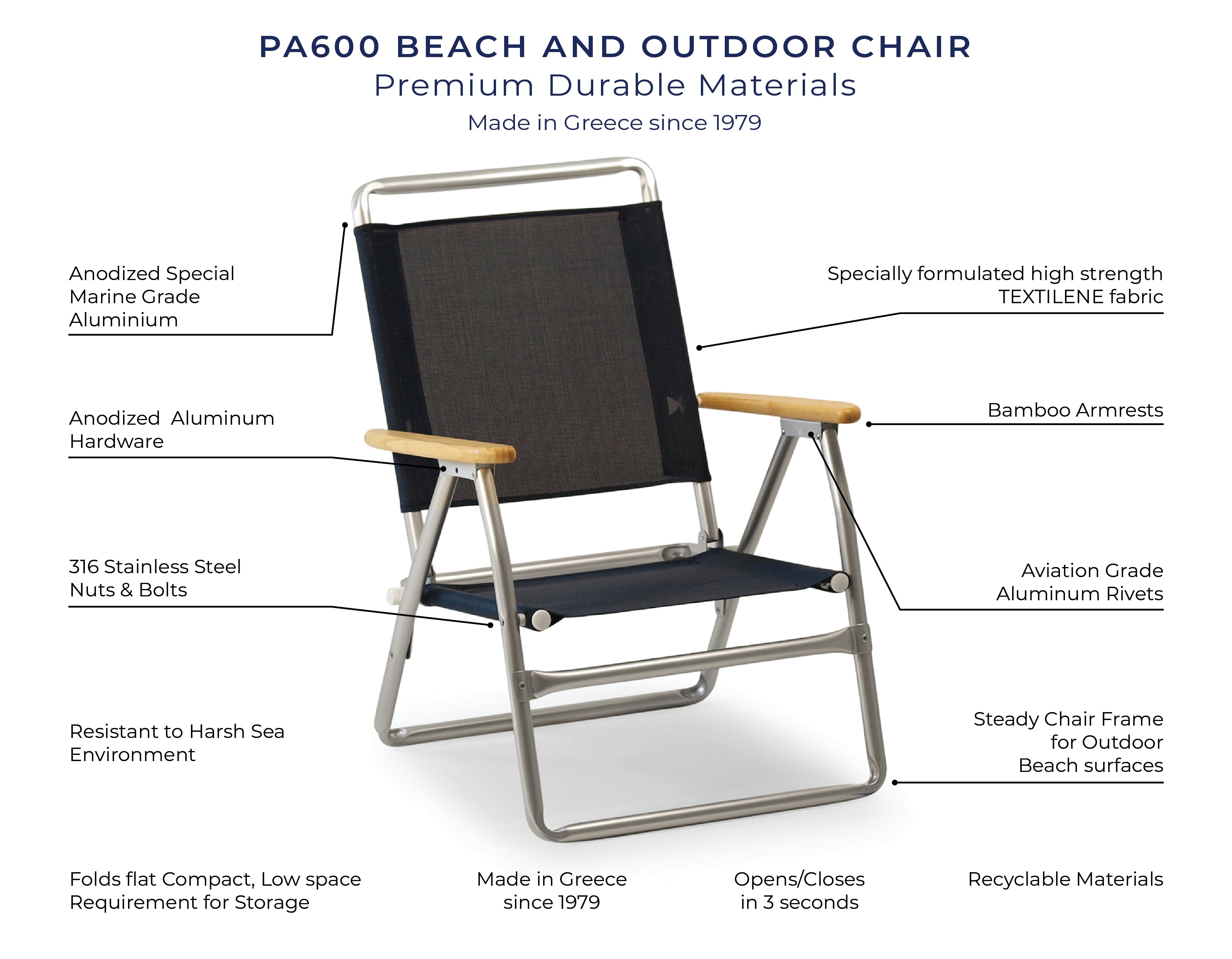 Folding Aluminum Beach Chair with Teak Armrests-Textilene Fabric -PA600T