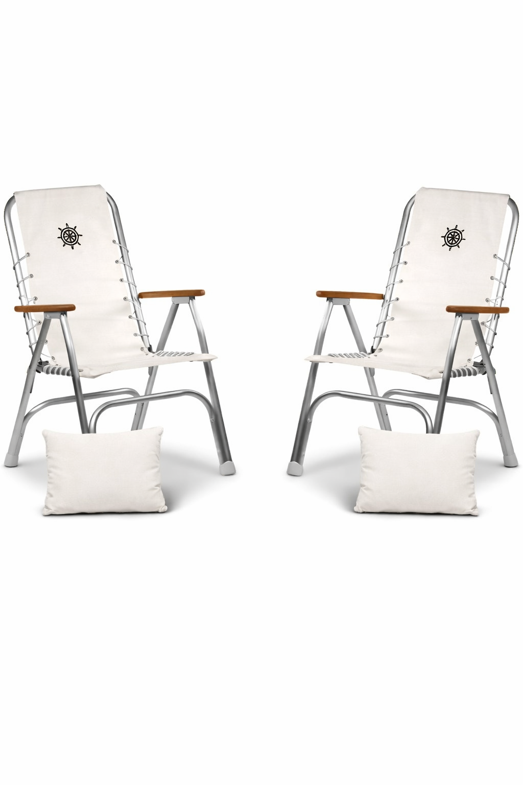 FORMA MARINE Boat Chair with Teak Armrests, Folding Aluminum High Back White Set of 2 M150W + Cushions 2M150CUS-W #color_white