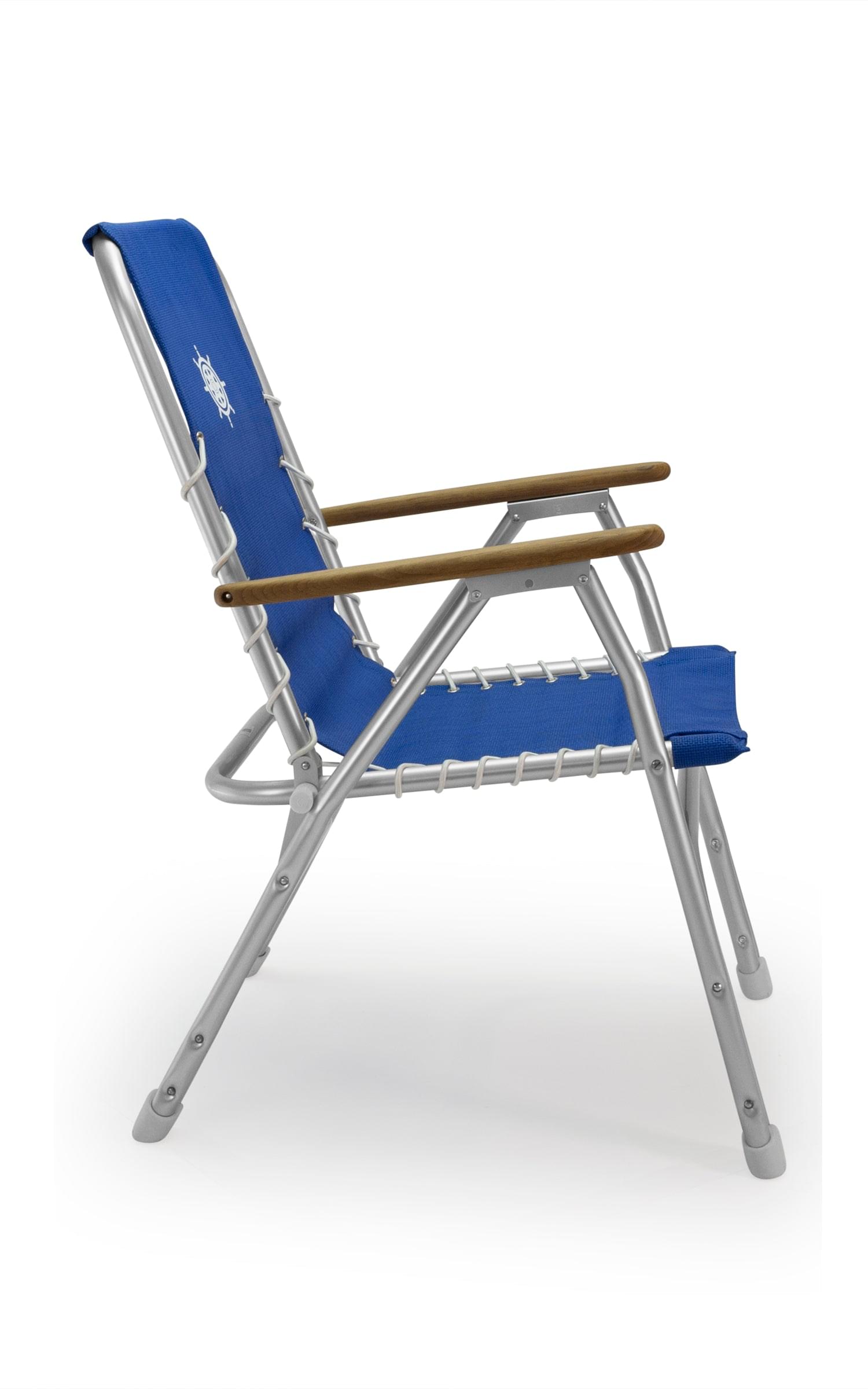 FORMA MARINE Boat Chair with Teak Armrests  Folding Aluminum High Back Blue Textilene Fabric M150VB #color_blue vinyl