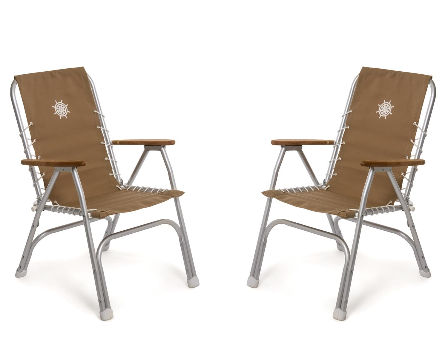 FORMA MARINE Boat Chair with Teak Armrests, Folding Aluminum High Back Brown Set of 2 M150BR #color_brown