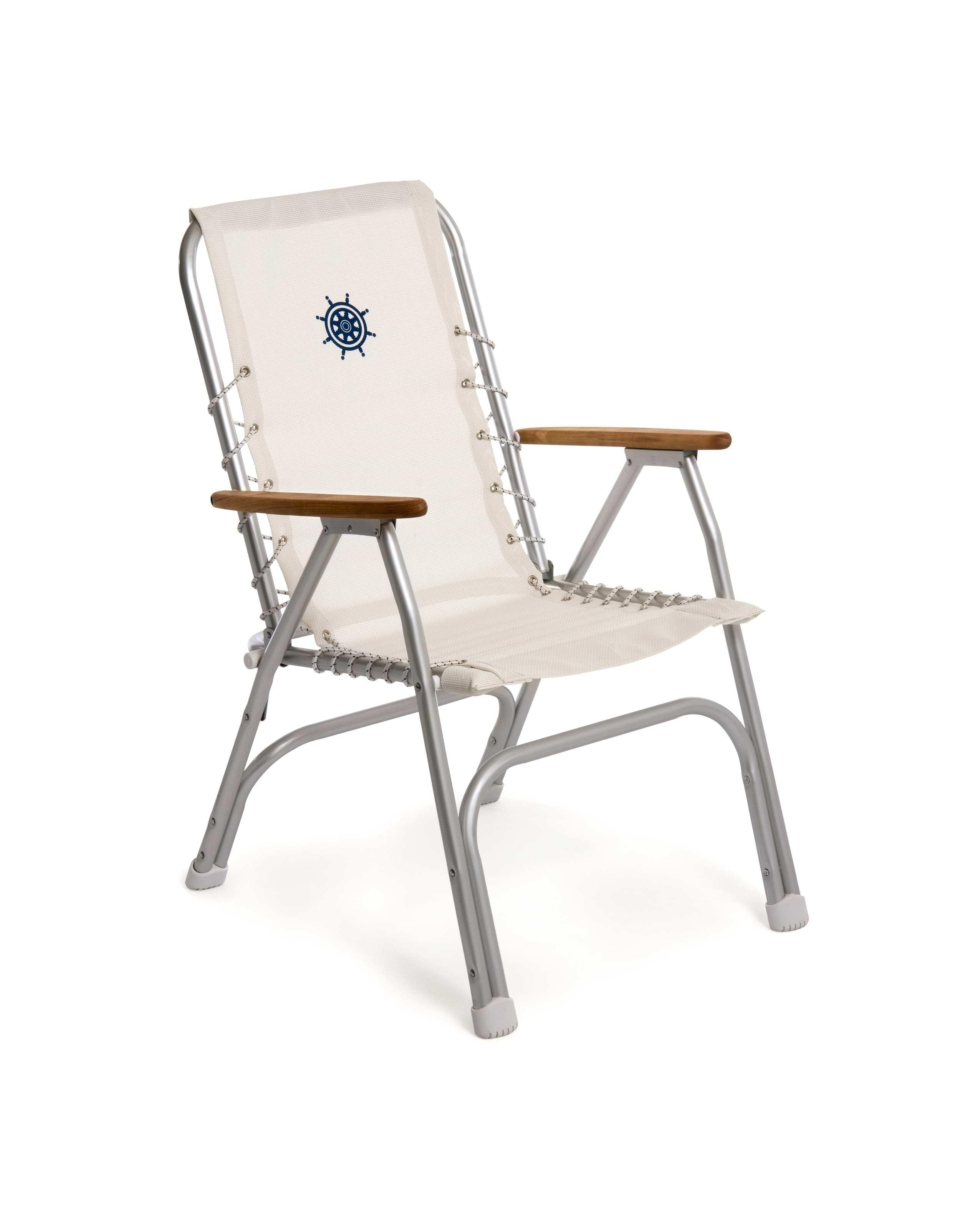 FORMA MARINE Boat Chair with Teak Armrests Folding Aluminum High Back White Textilene Fabric M150VW #color_white vinyl