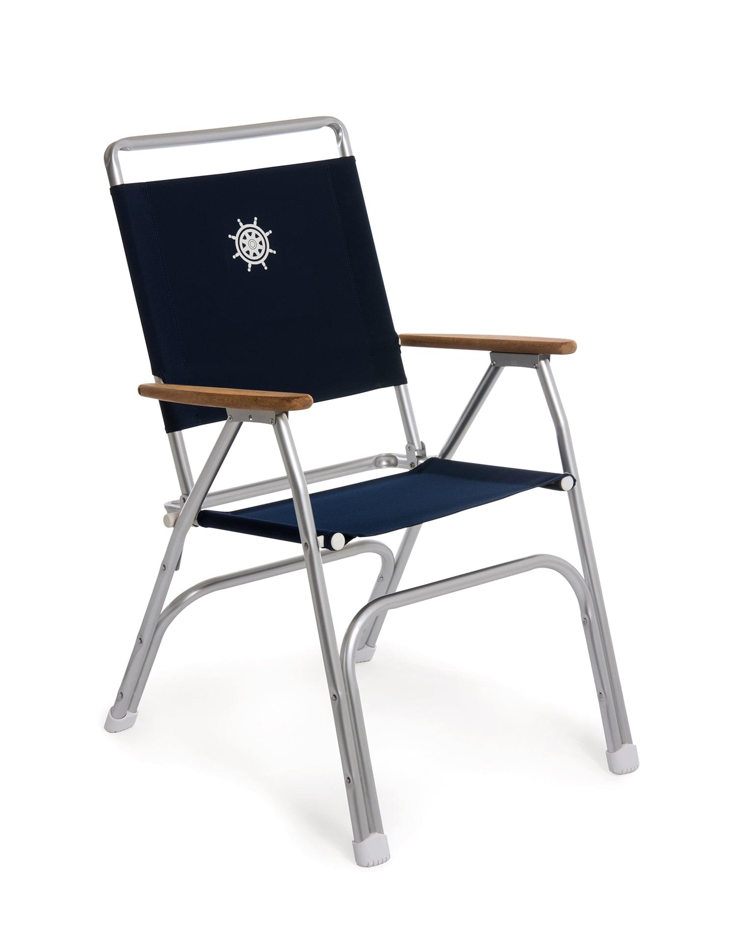 FORMA MARINE Folding Aluminum OVERSIZED (100Kg body support) High Back Navy Blue Boat Chair with Teak Armrests, Model M100LNB