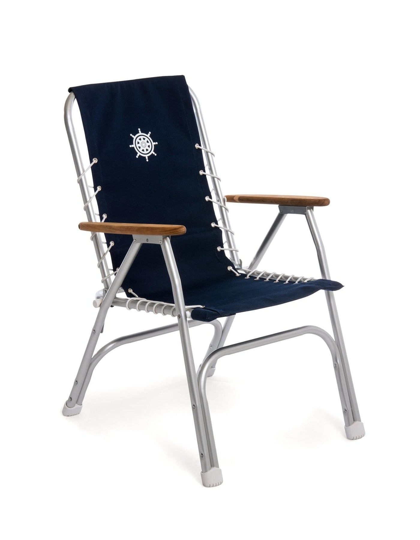 FORMA MARINE Boat Chair with Teak Armrests Folding Aluminum High Back Navy Blue M150NB #color_navy