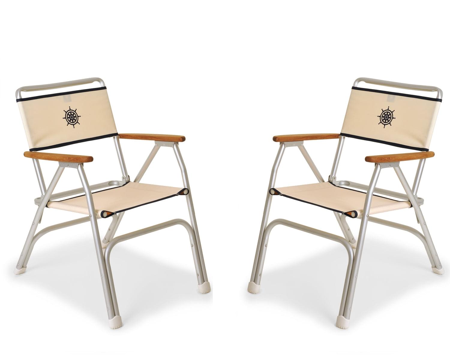 FORMA MARINE Boat Chair Folding Aluminum White Fabric with Bamboo Armrests, Set of 2 M100W-BB #color_white