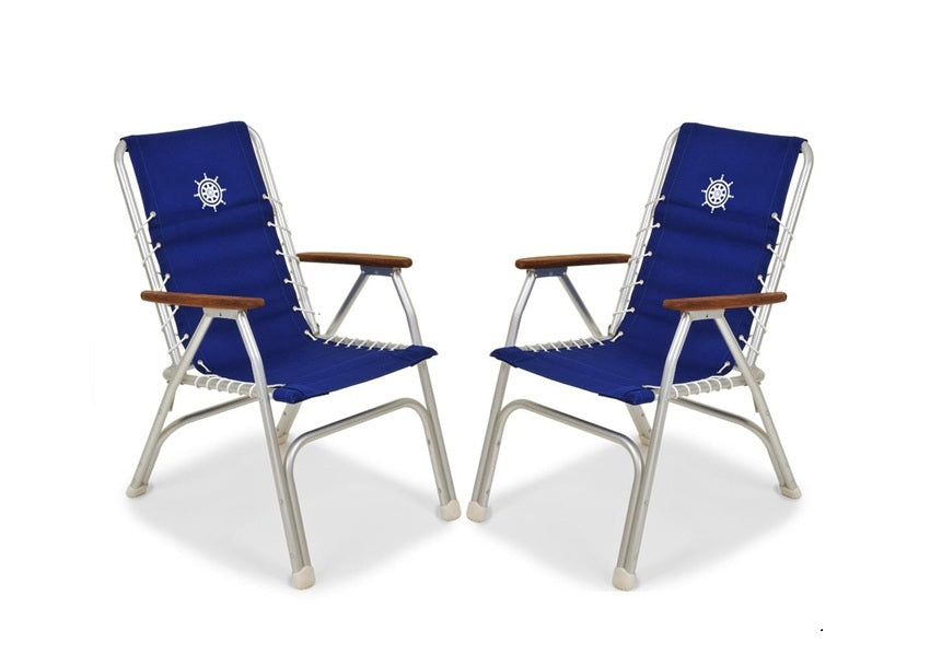 Folding Aluminum High Back Boat Chair with Teak Armrests Set of 2-M150
