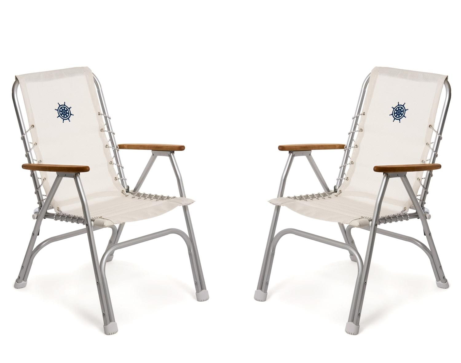 FORMA MARINE Boat Chair with Teak Armrests  Folding Aluminum High Back white Textilene Fabric Set of 2  M150VW #color_white vinyl