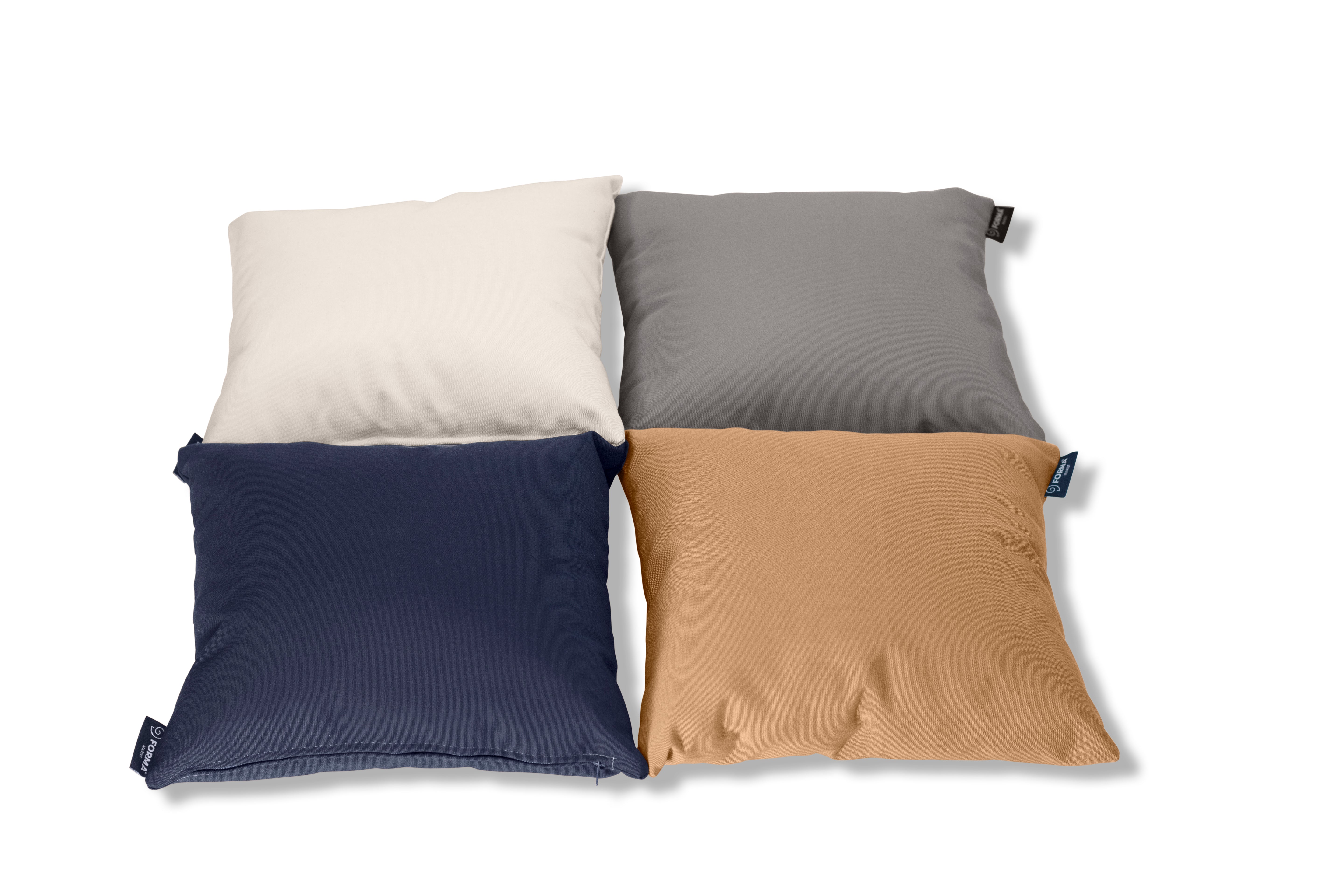 Forma marine Four pillows in beige, gray, navy, and brown on a white background