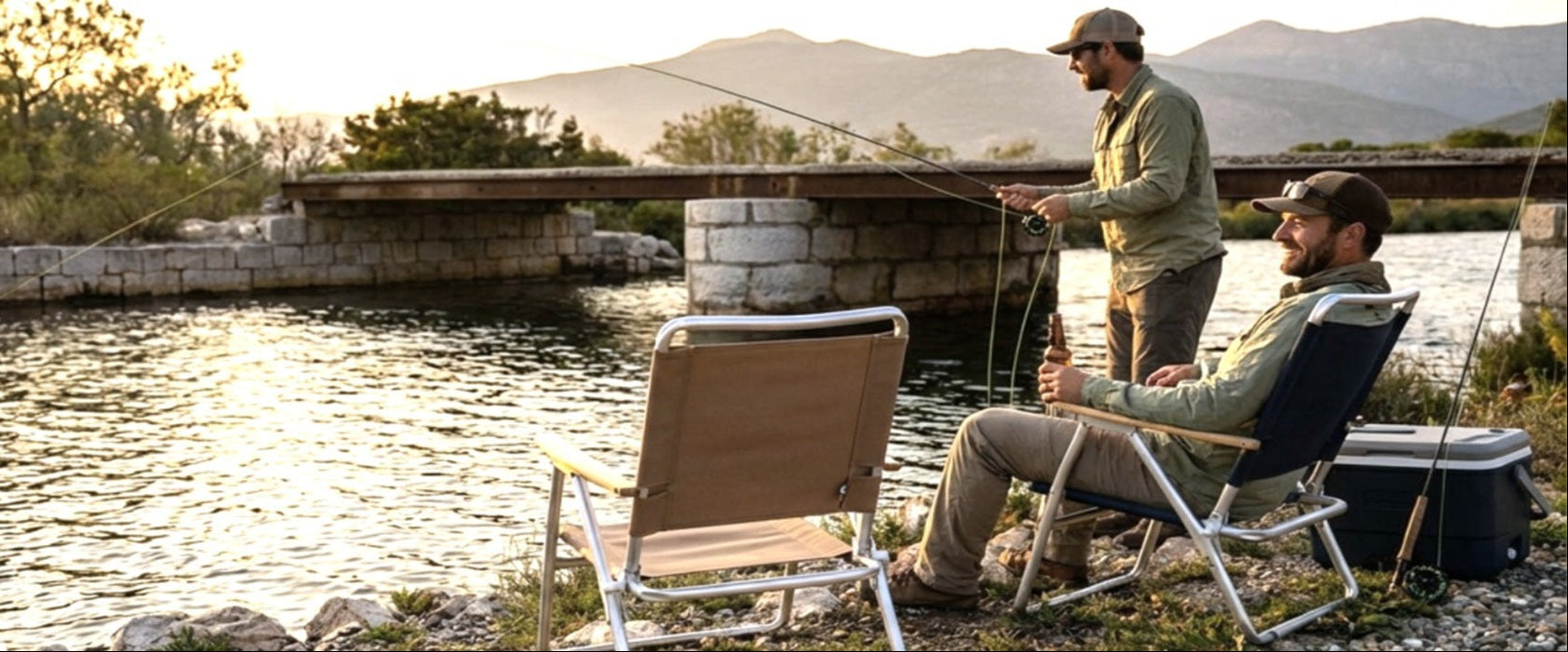 Two people fishing by a lake sitting on forma marine pa600 with mountains in the background