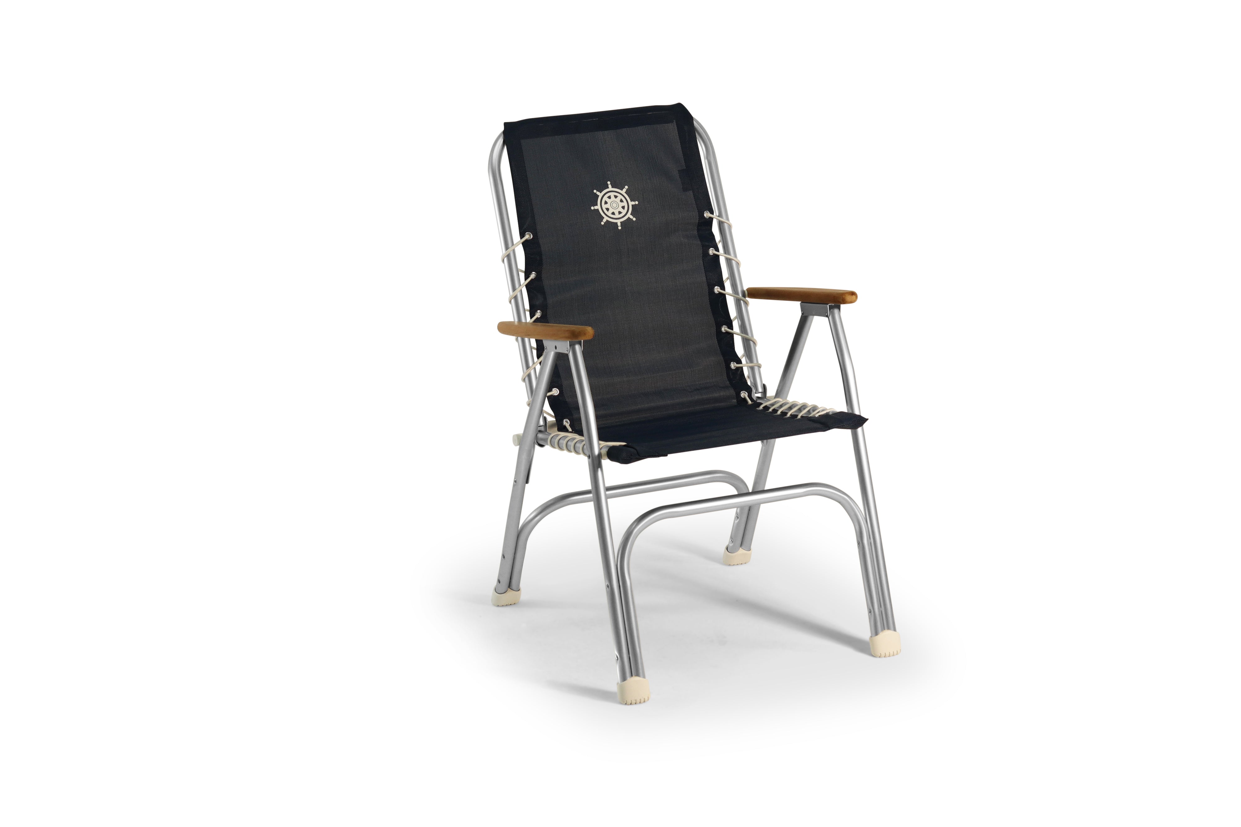 FORMA MARINE Boat Chair with Teak Armrests  Folding Aluminum High Back Navy Blue Textilene Fabric Set of 2  M150VNB #color_navy vinyl