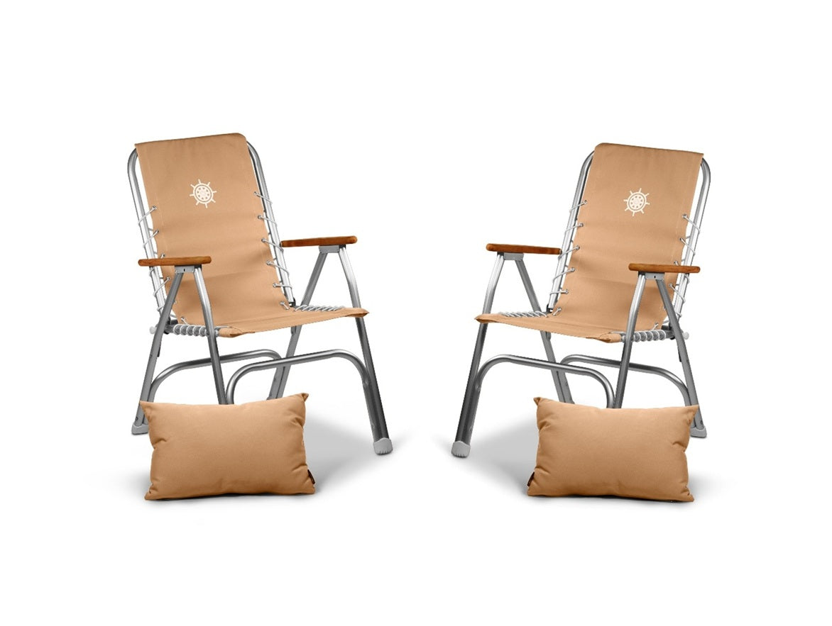 FORMA MARINE Boat Chair with Teak Armrests, Folding Aluminum High Back Brown Set of 2 M150BR +CUSHIONS #color_brown