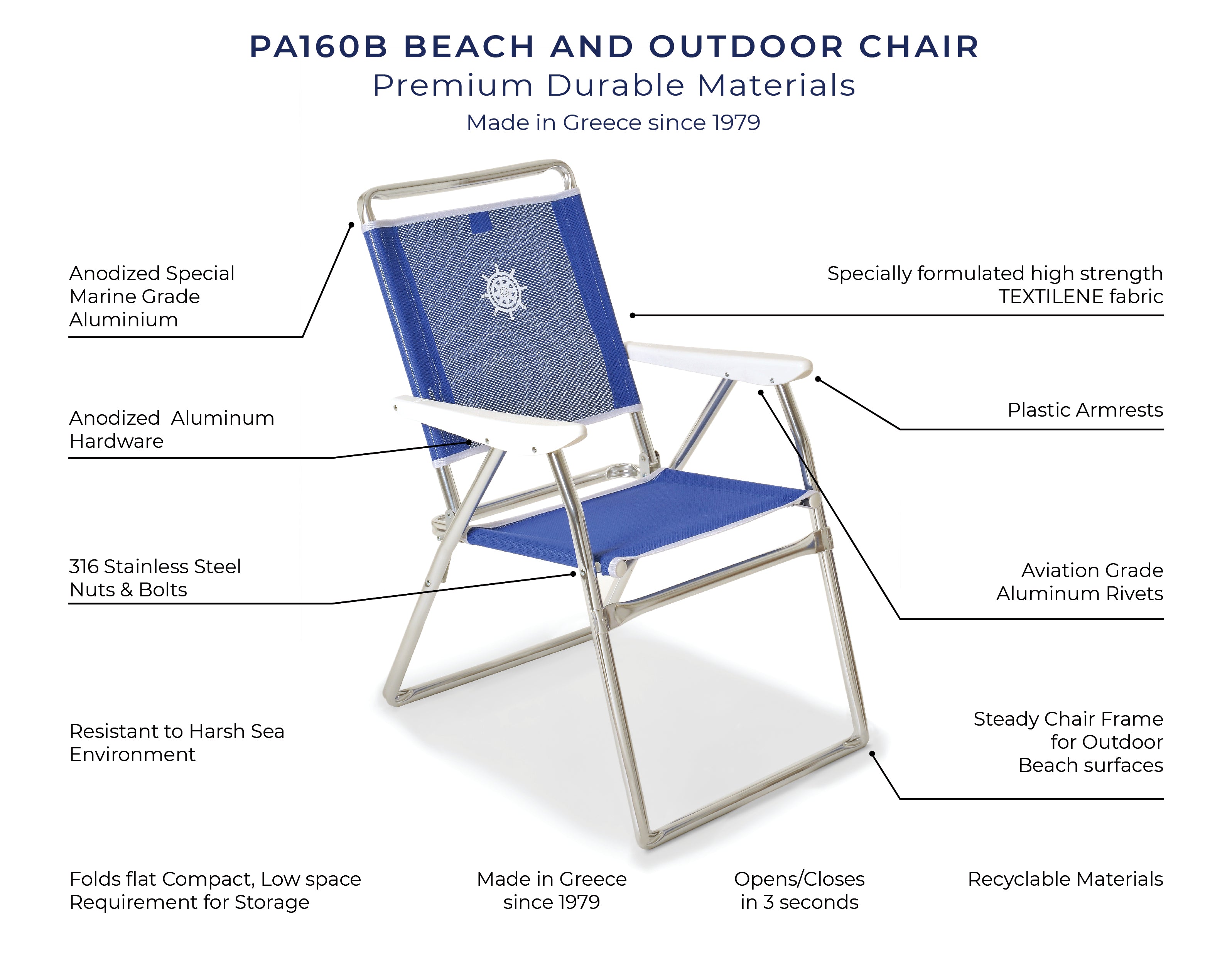 FORMA MARINE  Outdoor Chair with Plastic Armrests-Textilene Fabric Folding Aluminum Blue, PA160B #color_blue