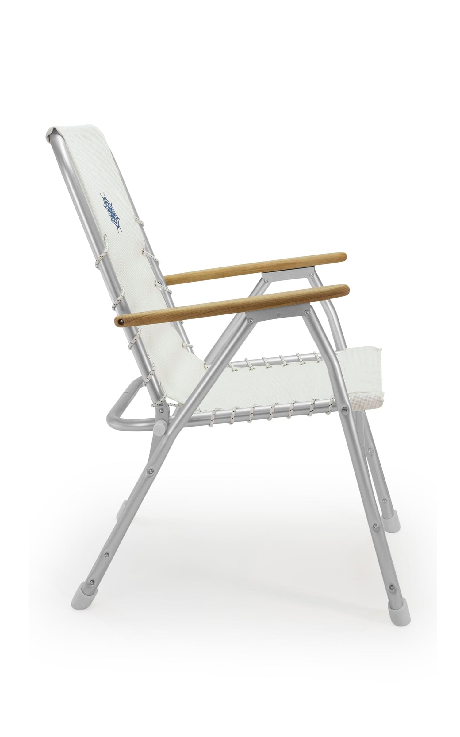 FORMA MARINE Boat Chair with Teak Armrests  Folding Aluminum High Back White Textilene Fabric M150VW #color_white vinyl