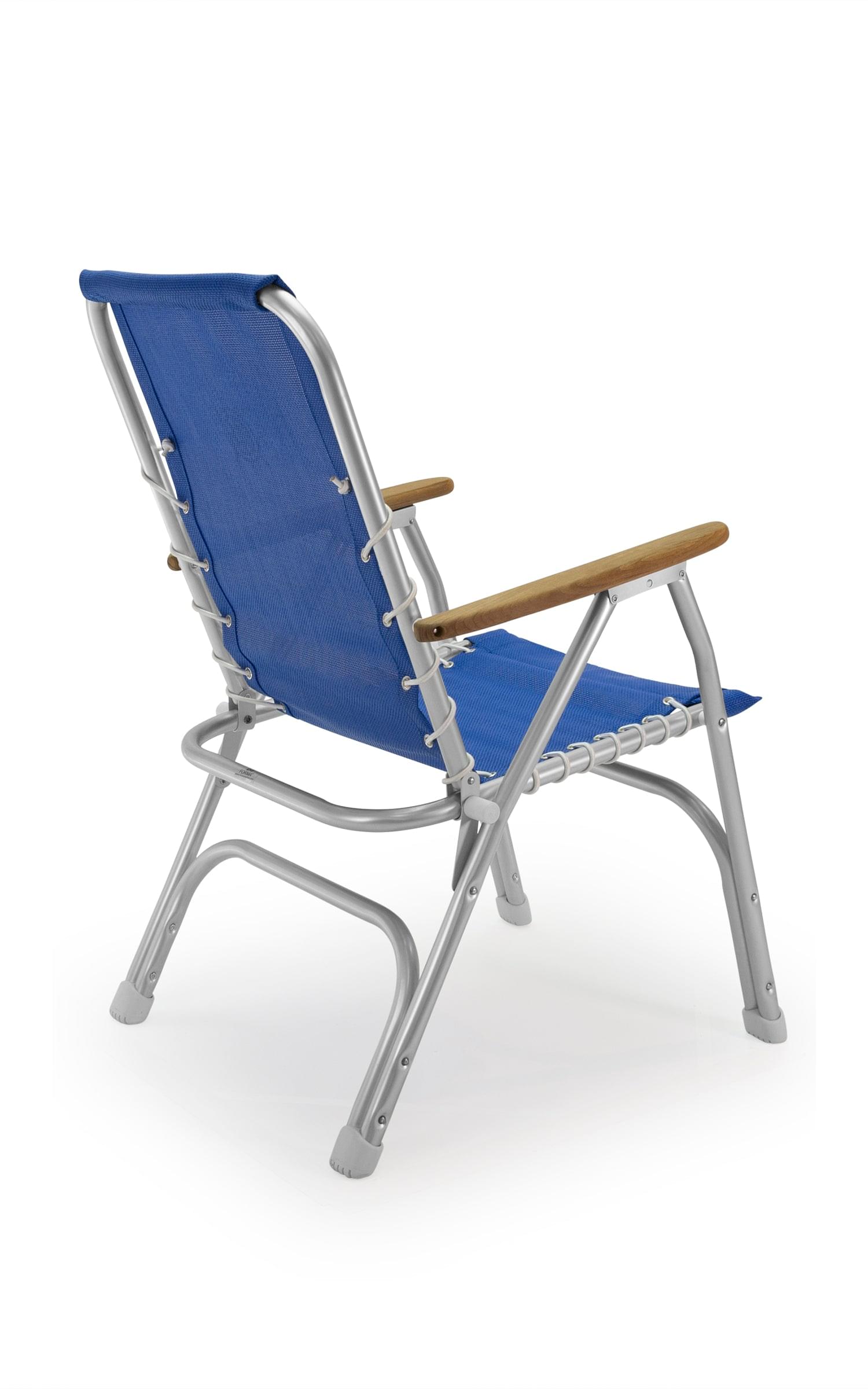 FORMA MARINE Boat Chair with Teak Armrests  Folding Aluminum High Back Blue Textilene Fabric M150VB #color_blue vinyl