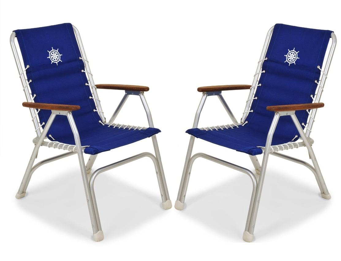 FORMA MARINE Boat Chair with Teak Armrests, Folding Aluminum High Back Blue Set of 2 M150B #color_blue