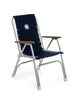 FORMA MARINE Folding Aluminum High Back Navy Blue Boat Chair with Teak Armrests, Model M150NB